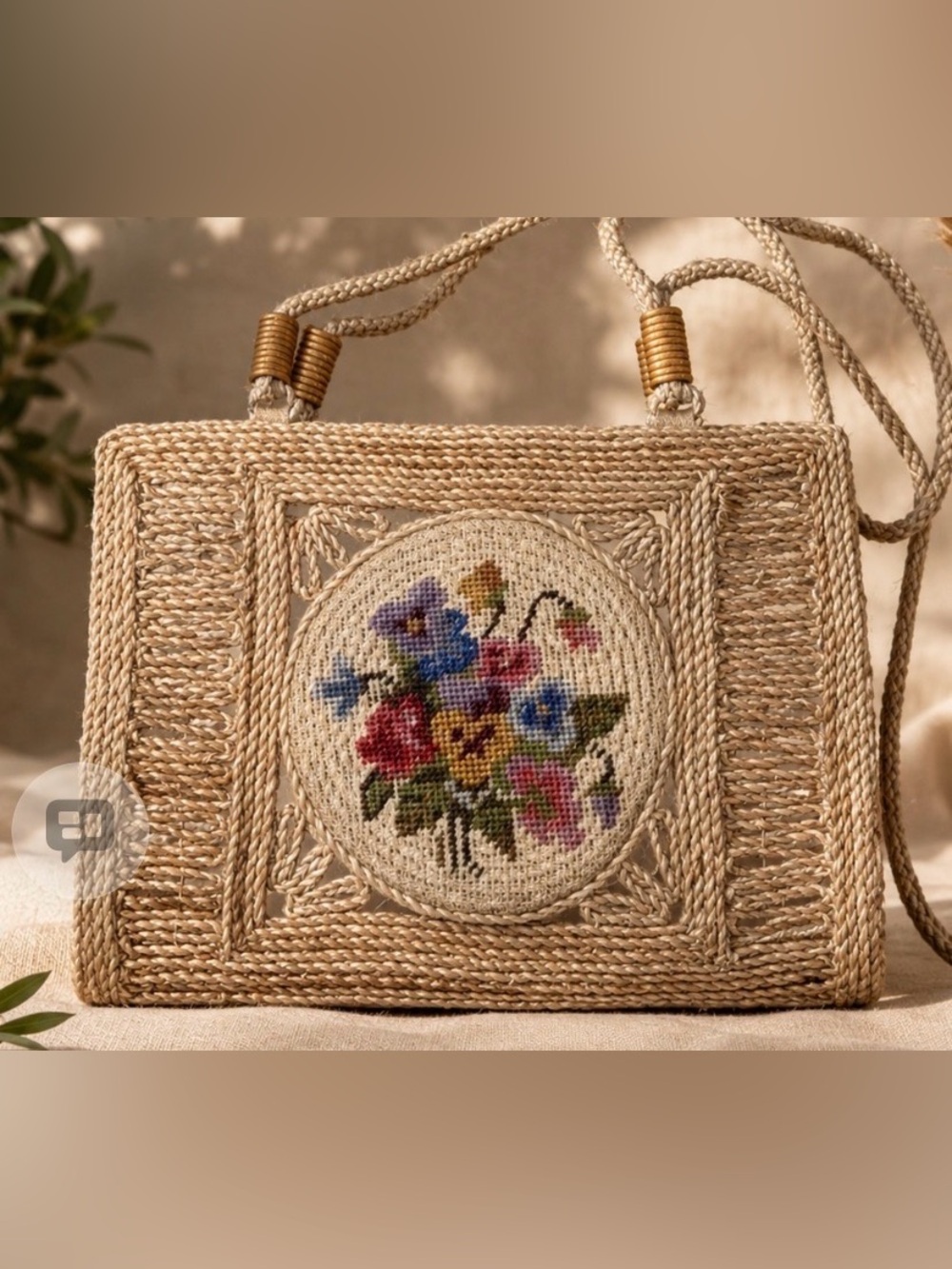 Vintage Needlepoint Straw Handbag Purse Fabric Floral‎ Tapestry Granniecore